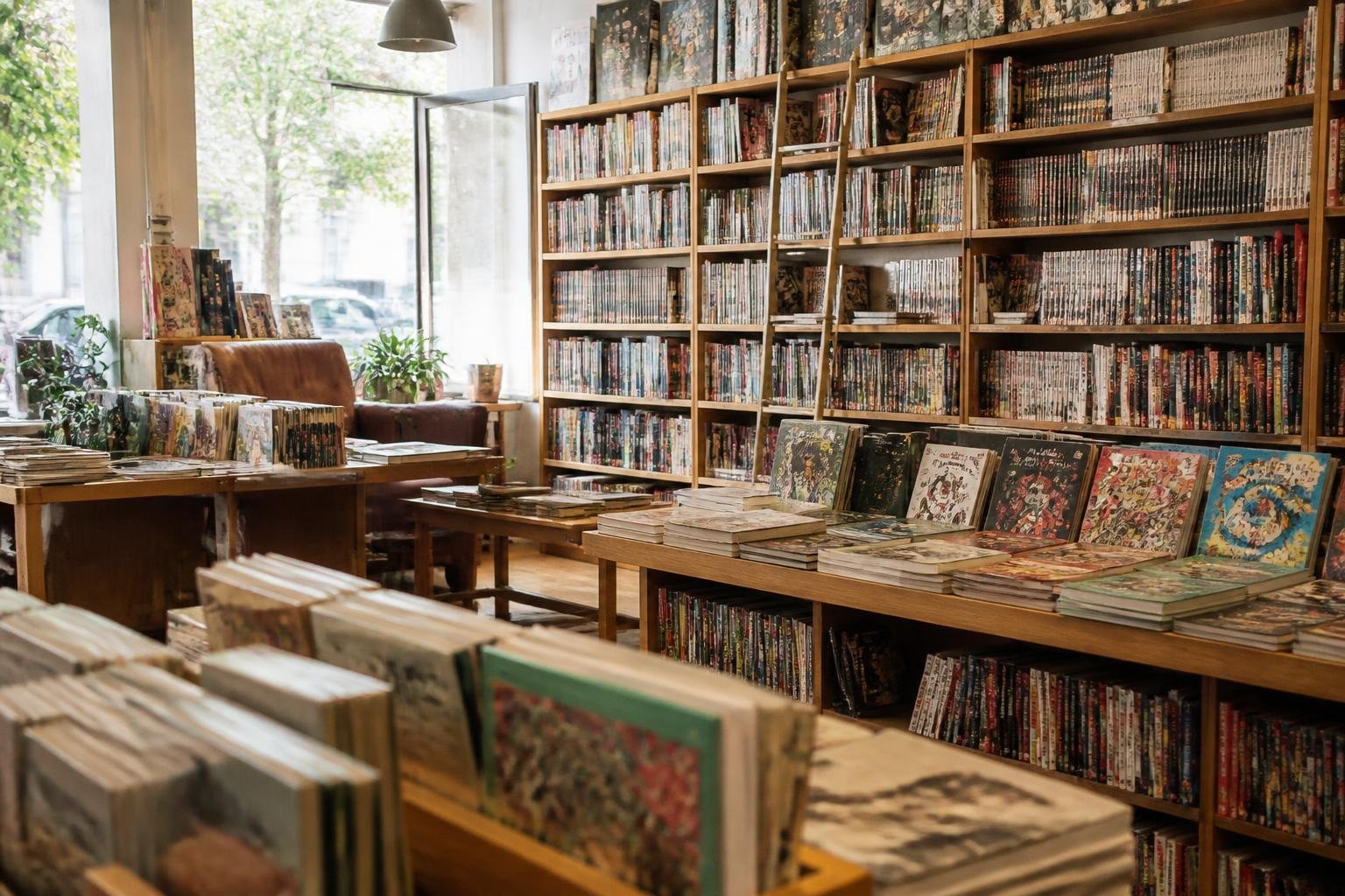 Vue d'une librairie avec des rayons remplis de livres et albums BD, éclairée par la lumière du jour