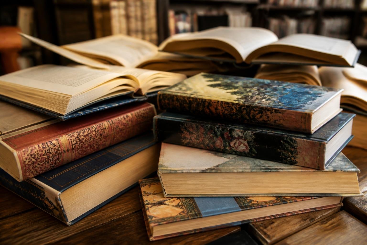 Détail de plusieurs livres empilés et ouverts montrant la diversité des genres littéraires