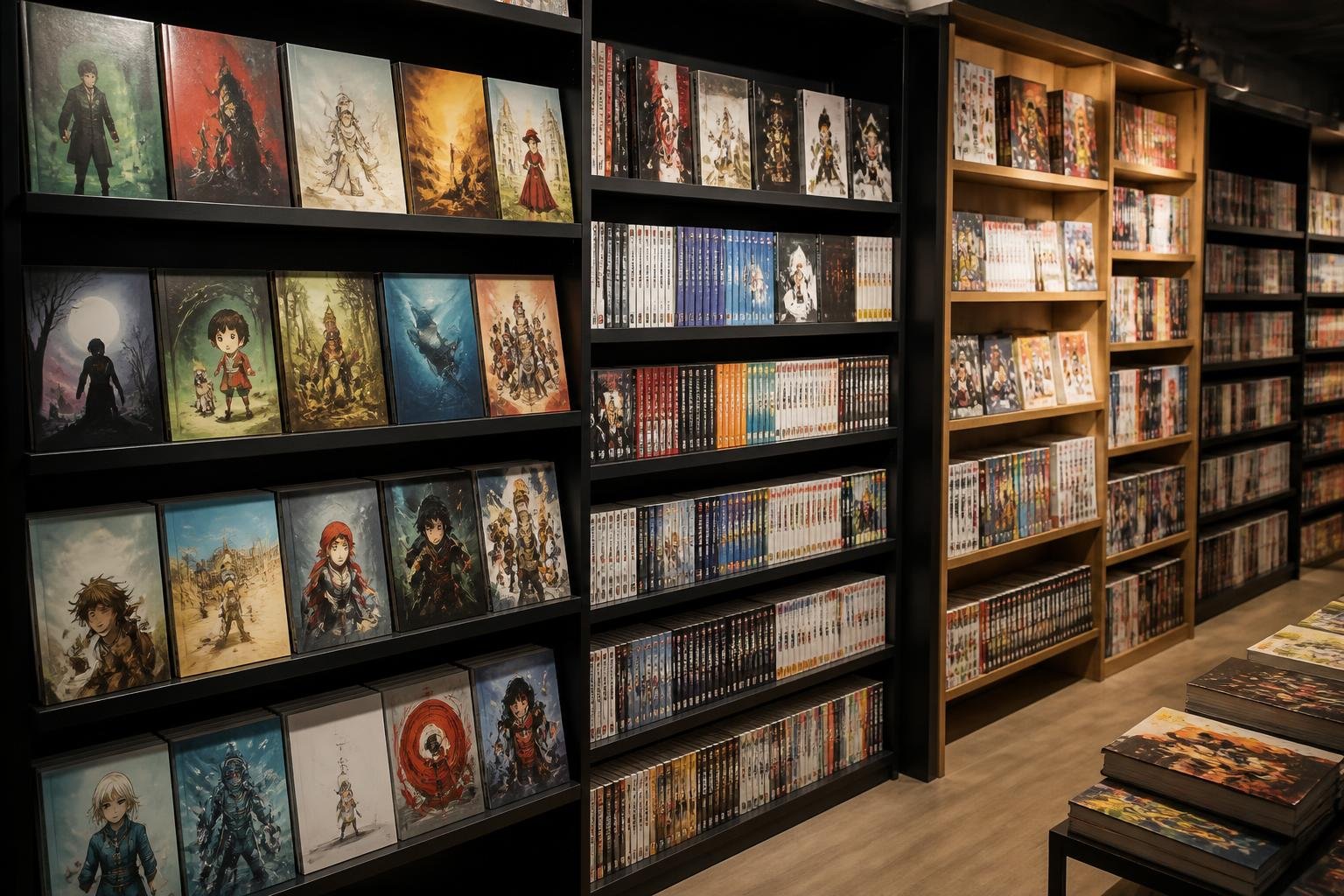 Section bande dessinée d'une librairie avec albums franco-belges, mangas et comics alignés sur les étagères