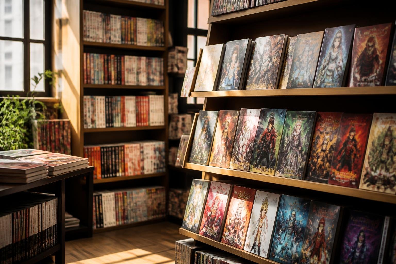 Rayons de bandes dessinées dans une librairie cosy, albums aux couvertures variées exposés sous une lumière douce