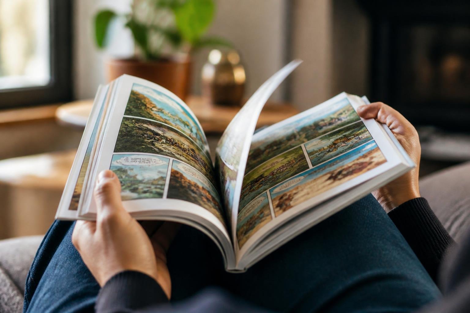 Mains de lecteur ouvrant une bande dessinée, pages colorées visibles