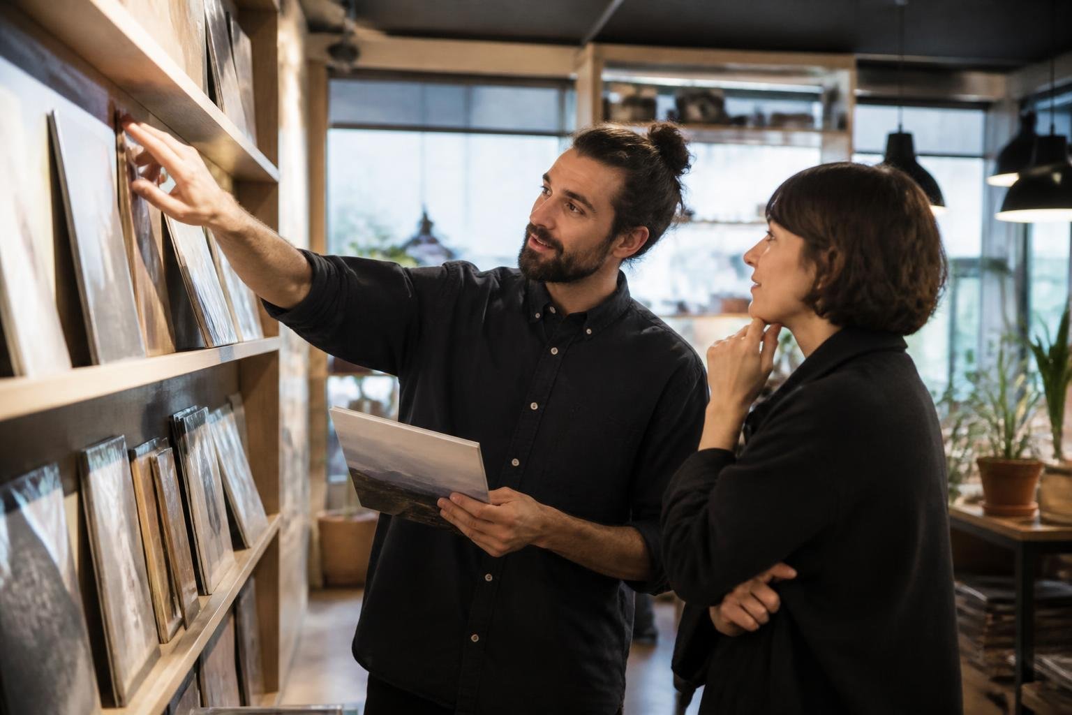 Libraire discutant avec un client devant les rayons, discussion authentique et engagée