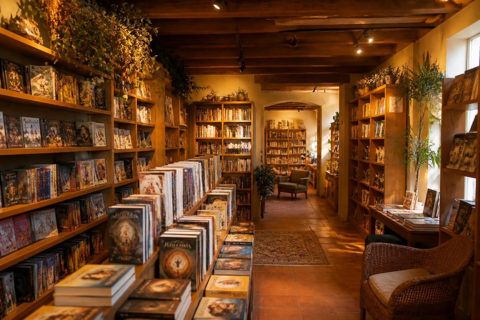 Intérieur chaleureux de la Librairie du Cloitre avec rayonnages de bois, livres et BD disposés avec soin, lumière douce