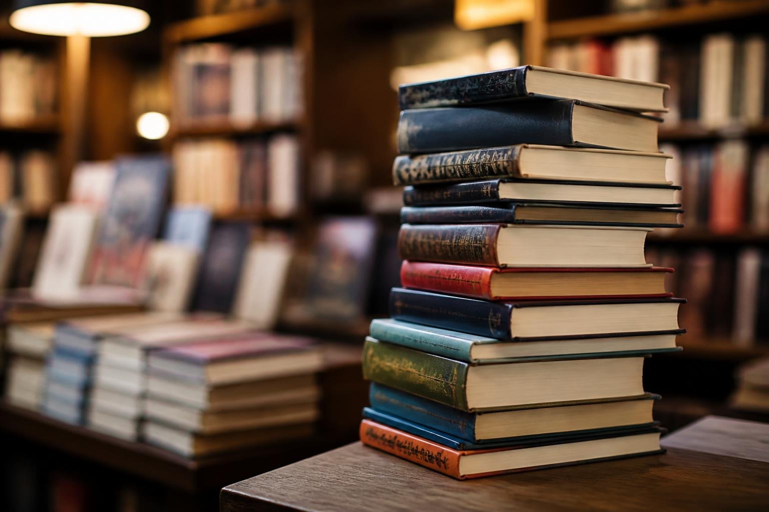 Pile de romans variés et couvertures de littérature générale dans une ambiance de librairie