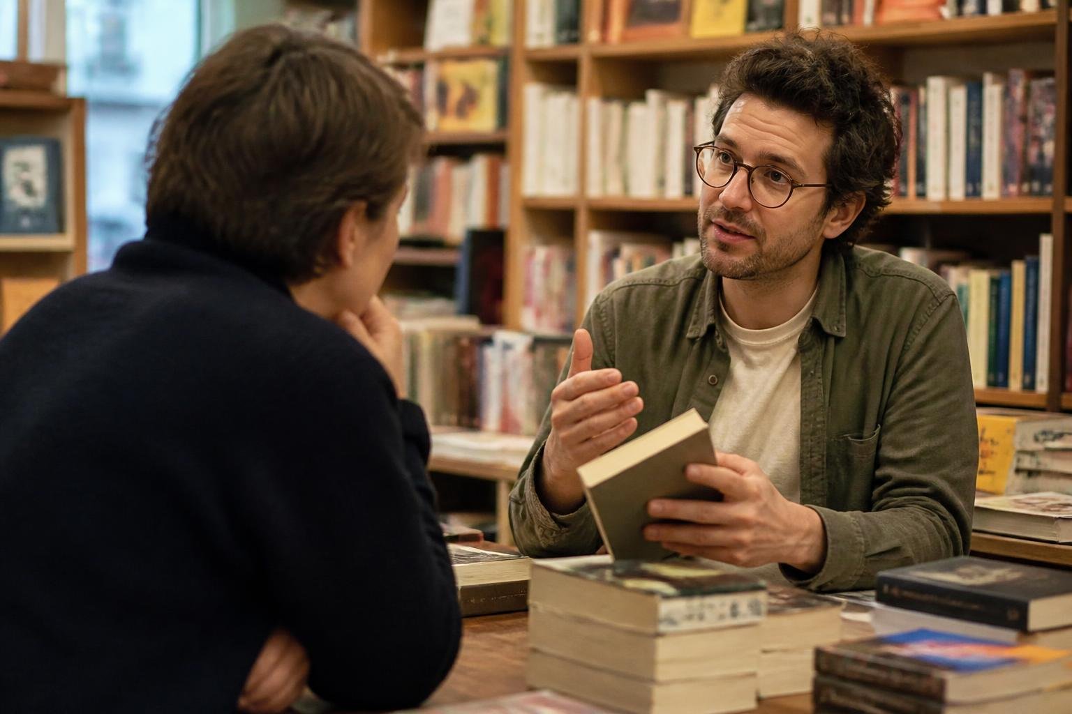 Un libraire en conversation avec un client, discutant autour de livres avec engagement
